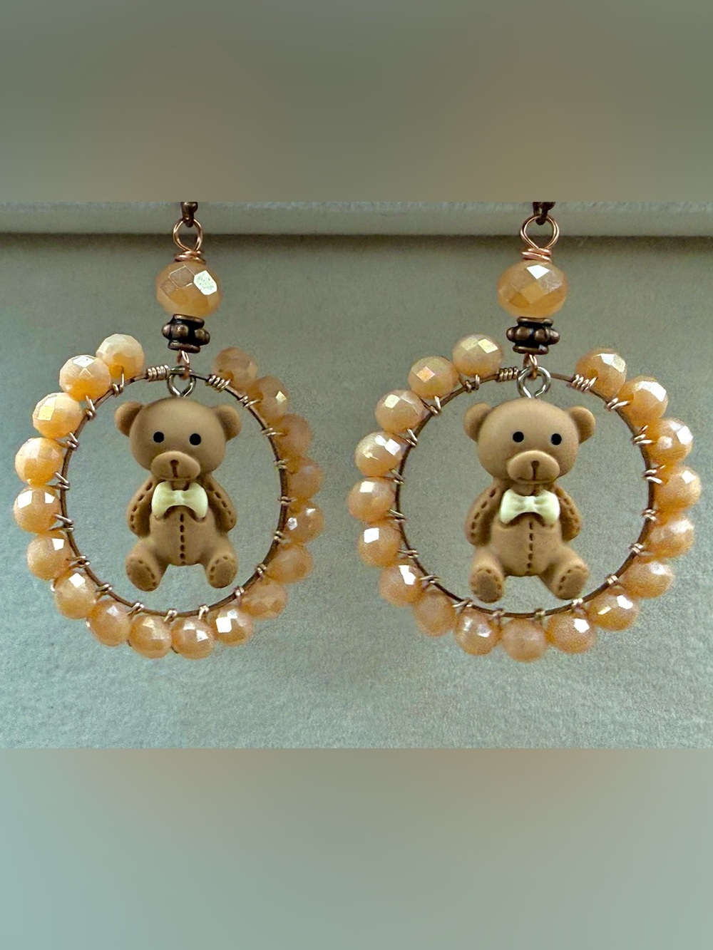 NWOT! Teddy Bear Beaded Hoop Earrings in Brown & Blush Pink